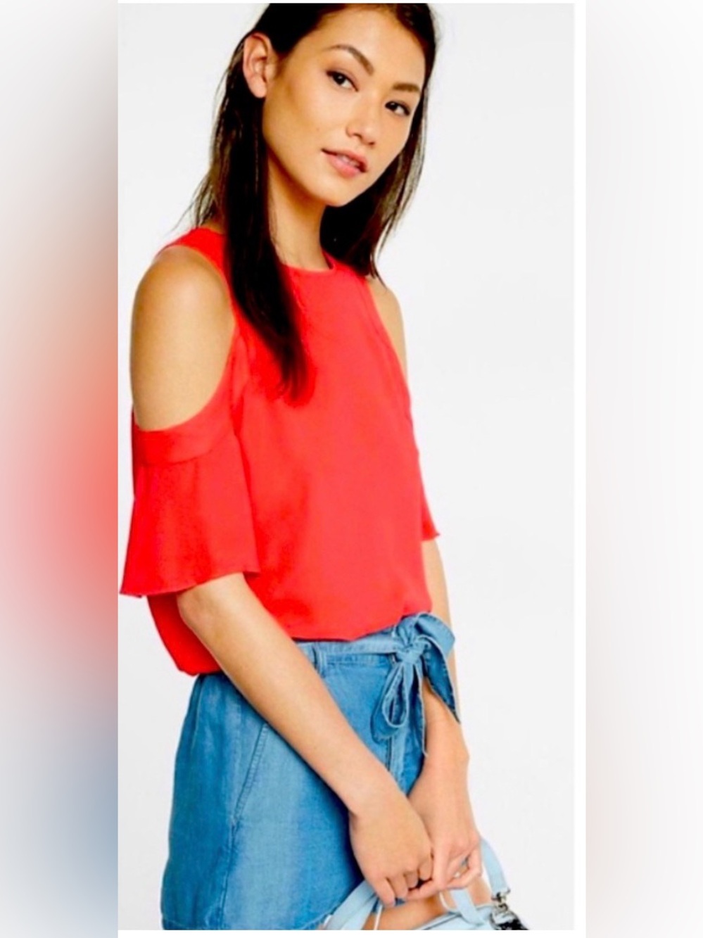 Express Coral Red Cold-Shoulder Cut Out Ruffle Blouse Small